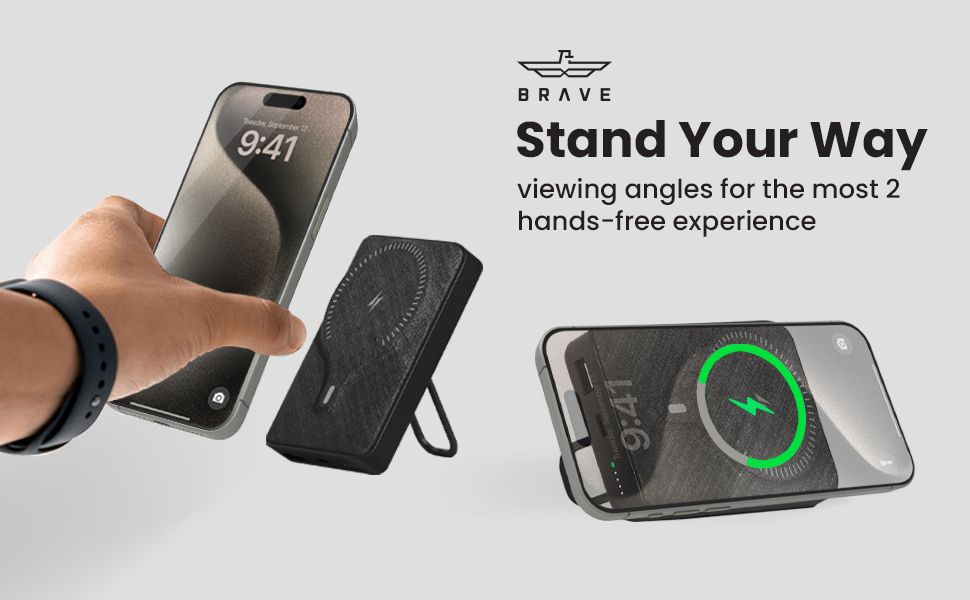 BRAVE 20W 10000mAh Magnetic Mini Pocket Portable Wireless Power Bank with Kickstand and Grip for iPhone 15 Pro Max and Other iPhones