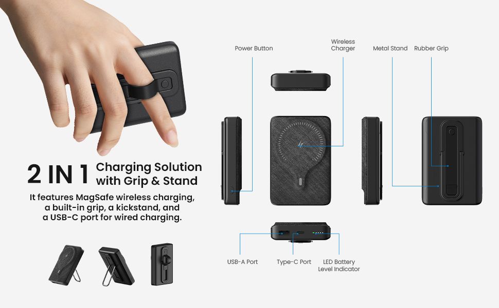 BRAVE 20W 10000mAh Magnetic Mini Pocket Portable Wireless Power Bank with Kickstand and Grip for iPhone 15 Pro Max and Other iPhones