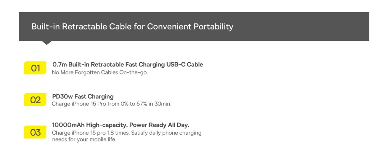 Baseus Free2Pull PowerFlex 10000mAh – Compact Retractable Power Bank with 30W Fast Charging (Grey)