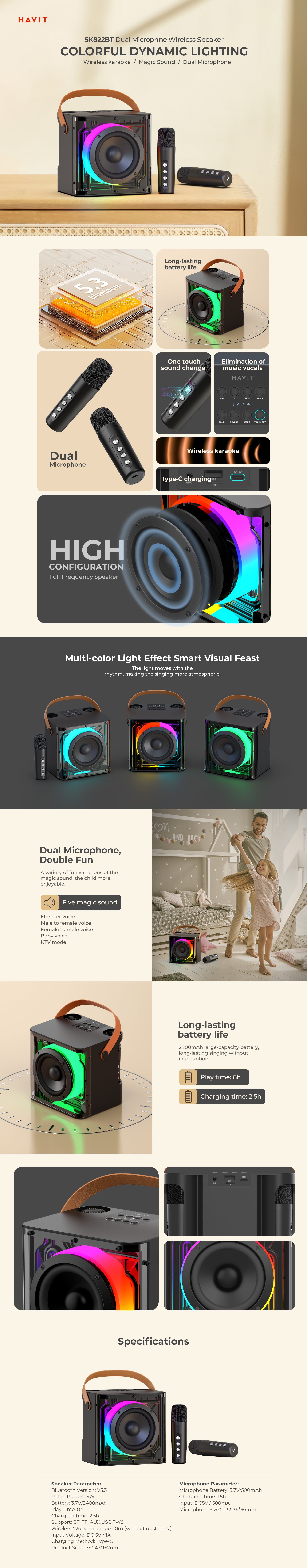 Havit SK822BT Karaoke Speaker with Dual Wireless Microphones, RGB Lights, 2400mAh Battery, USB &amp; TF Port, Aux In, Type