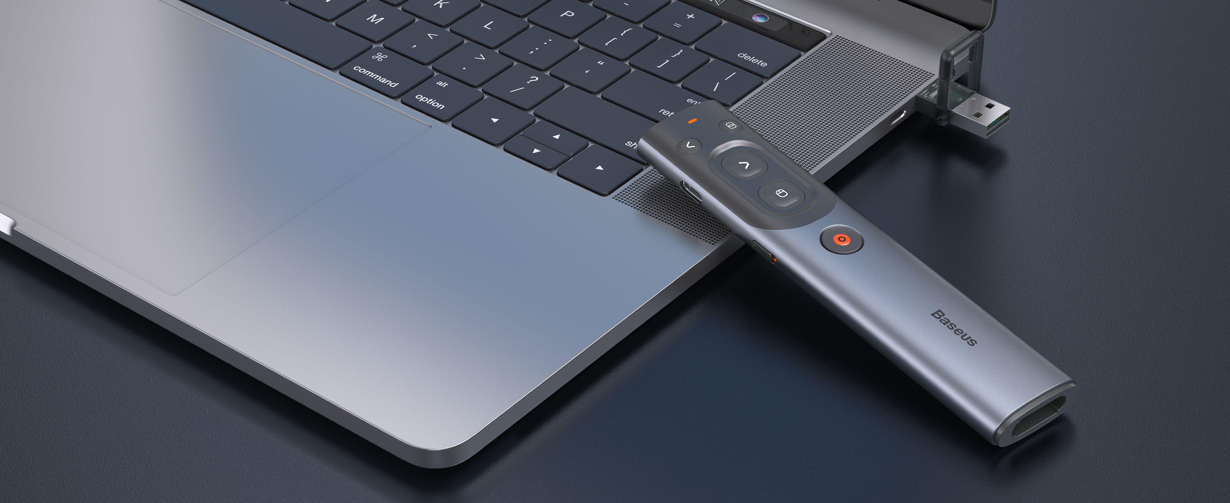 Baseus Orange Dot AI Wireless Presenter – Red Laser, Voice Translation, Smart Voice Recording, Rechargeable, Dual Laser Modes, Grey
