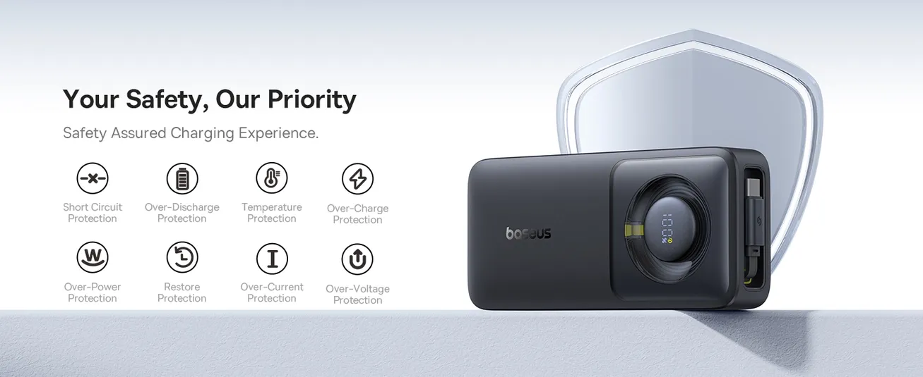 Baseus Free2Pull PowerFlex 10000mAh – Compact Retractable Power Bank with 30W Fast Charging (Grey)