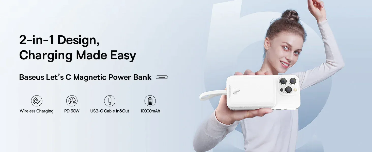 Baseus 10000mAh Magnetic Mini Wireless Fast Charge Power Bank 30W With Built