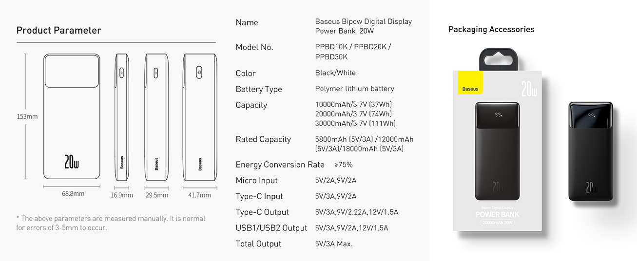 Baseus Bipow 10000mAh Digital Display Power Bank, 20W Fast Charging, 2x USB, Type