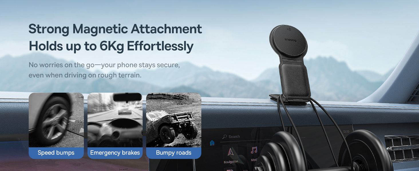 Baseus C02 PrimeTrip Series Mega Magnetic Wireless Charging Car Phone Holder with 15W Qi2 MagSafe – 360° Adjustable, Foldable Dashboard Mount – Black​