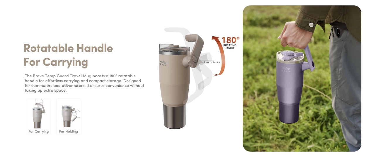 Brave Temp Guard Vacuum Insulated Travel Mug – 180° Rotating Handle, 24H Cold &amp; 12H Hot Retention, Leak