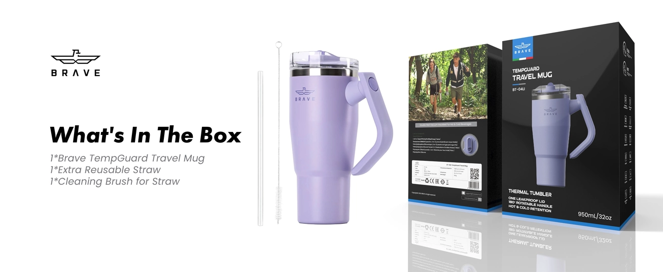 Brave Temp Guard Vacuum Insulated Travel Mug – 180° Rotating Handle, 24H Cold &amp; 12H Hot Retention, Leak