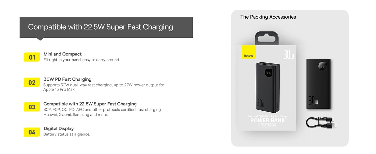 Baseus Adaman2 10000mAh 30W Power Bank – White, 2x USB
