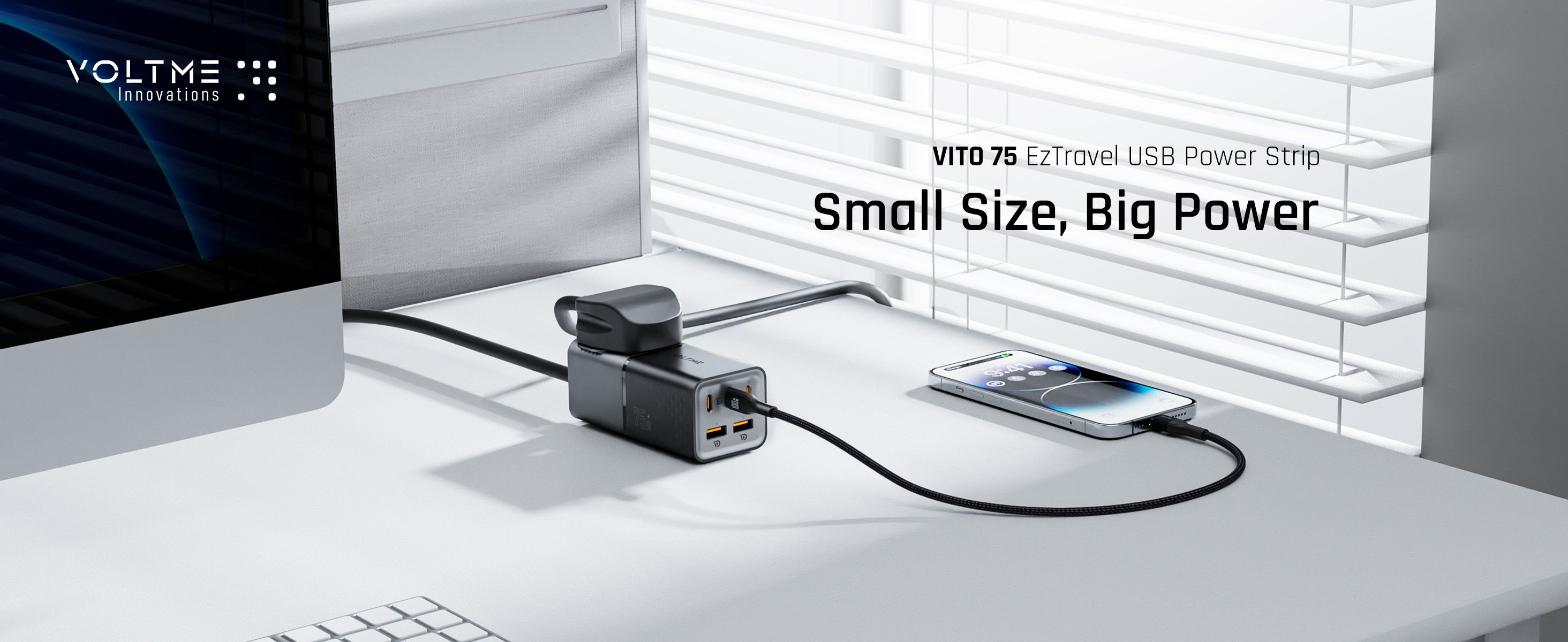 Voltme VITO Go 75W GaN3 EzTravel 6 in 1 Power Strip Charger, 1.8M AC Cord with UK Plug