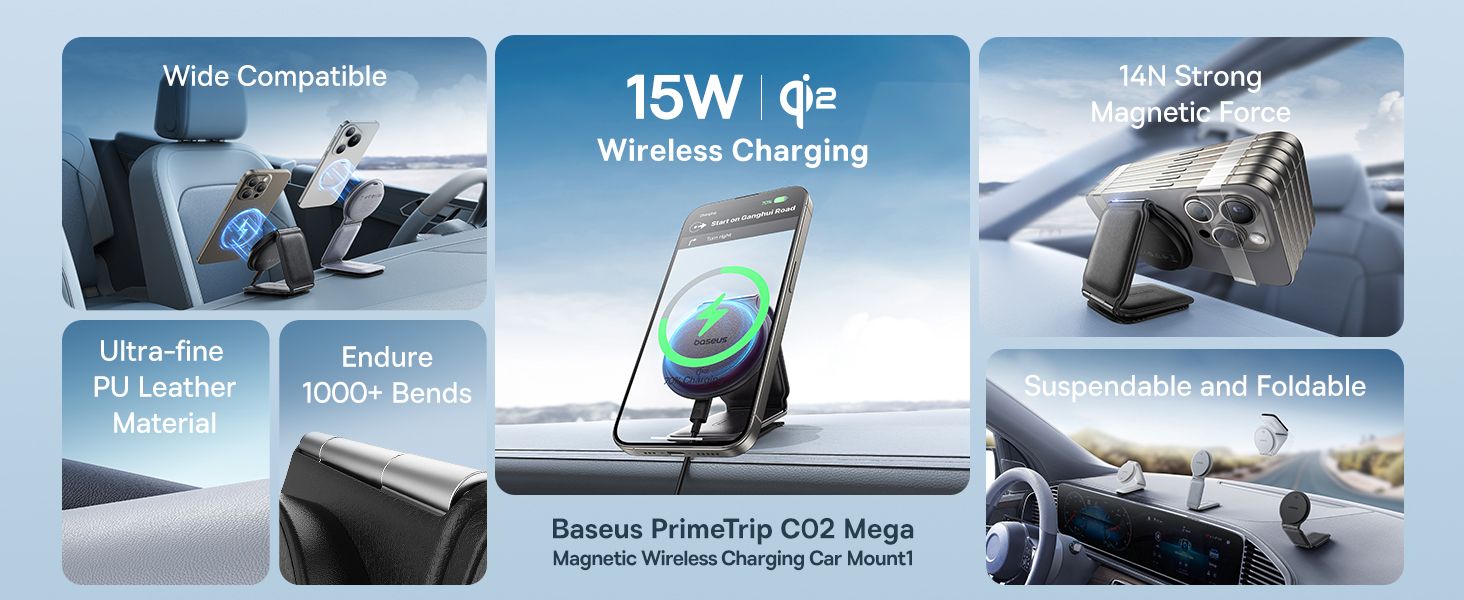 Baseus C02 PrimeTrip Series Mega Magnetic Wireless Charging Car Phone Holder with 15W Qi2 MagSafe – 360° Adjustable, Foldable Dashboard Mount – Black​