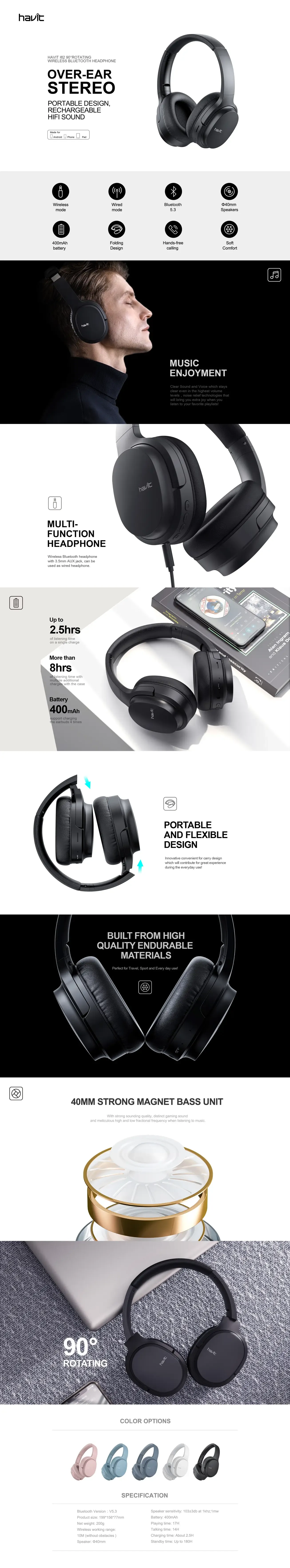 Havit i62 HIFI Stereo Bluetooth Headphones