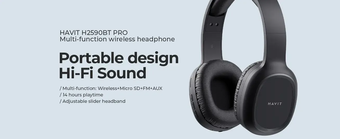 HAVIT H2590BT PRO Bluetooth Headphones – HD Sound, Bluetooth 5.3, 14H Battery Life, Foldable Design, Noise Isolation, Micro SD, FM Radio, AUX