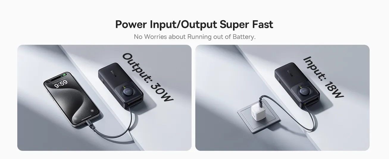 Baseus Free2Pull PowerFlex 10000mAh – Compact Retractable Power Bank with 30W Fast Charging (Grey)