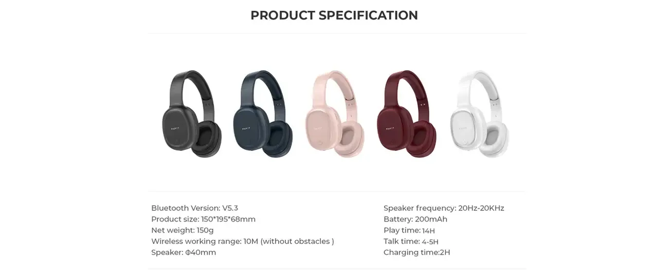 HAVIT H2590BT PRO Bluetooth Headphones – HD Sound, Bluetooth 5.3, 14H Battery Life, Foldable Design, Noise Isolation, Micro SD, FM Radio, AUX