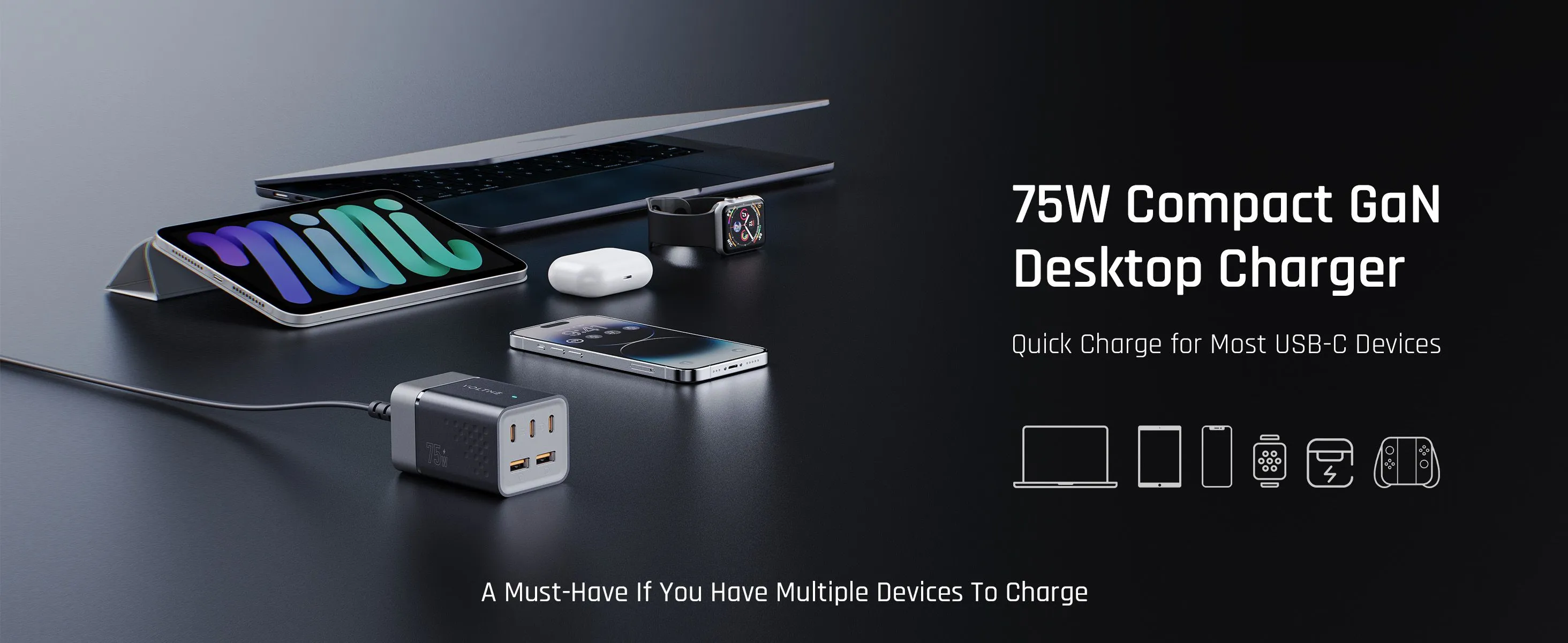Voltme VITO Go 75W EzTravel 5 in 1 Desktop Charger, 1.8M Power Cable with UK Plug