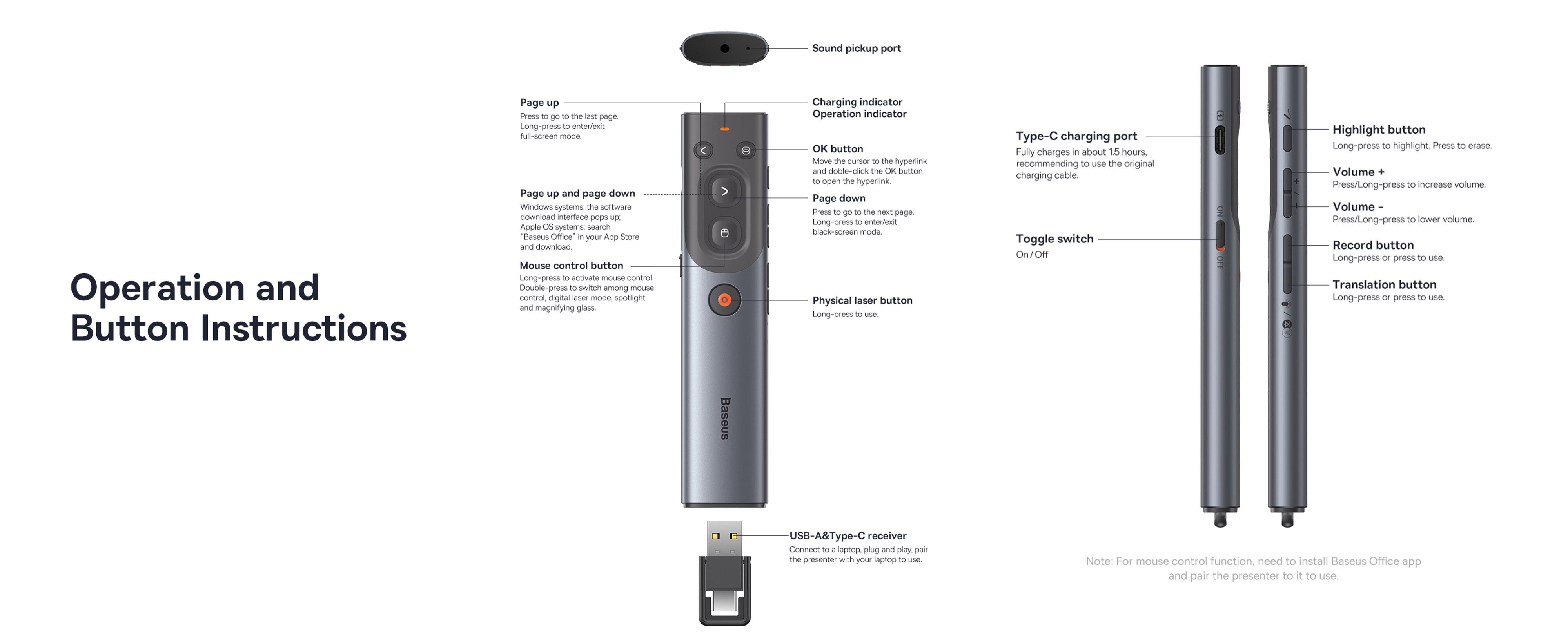 Baseus Orange Dot AI Wireless Presenter – Red Laser, Voice Translation, Smart Voice Recording, Rechargeable, Dual Laser Modes, Grey