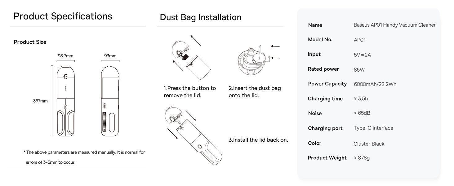 Baseus AP01 Wireless Handy Vacuum Cleaner with Disposable Dust Bags for Home &amp; Car