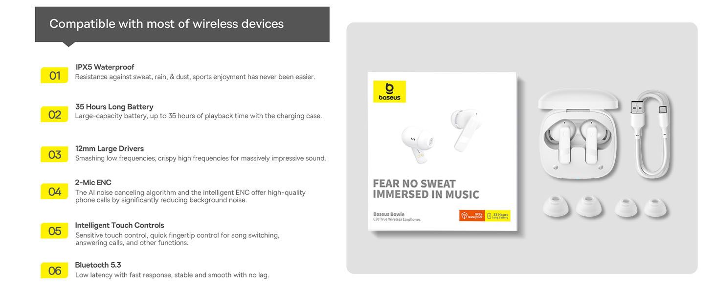 Baseus Bowie E20 True Wireless Earbuds With 2 ENC Mics, 33H Playtime