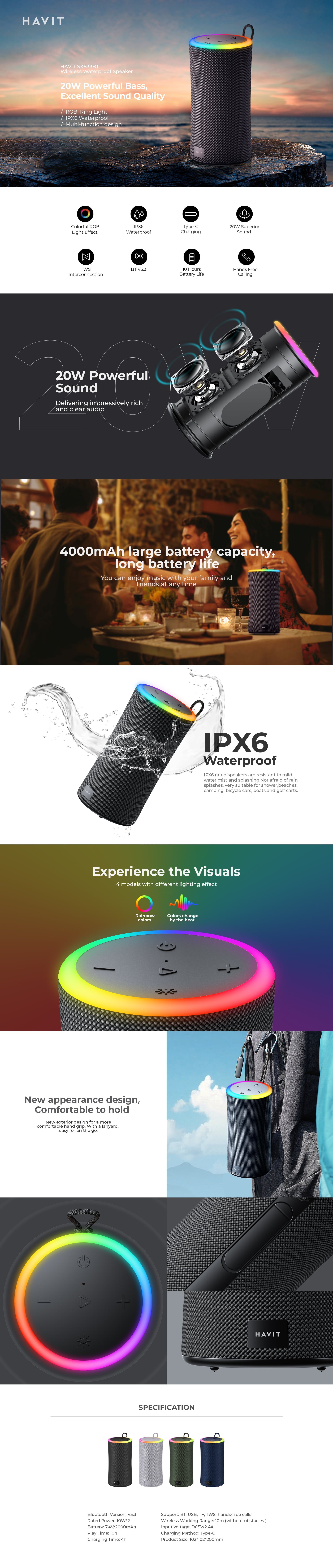 Havit SK833BT Bass Waterproof Bluetooth Speaker – RGB Lights, Powerful Stereo Sound, 2000mAh Battery, Built
