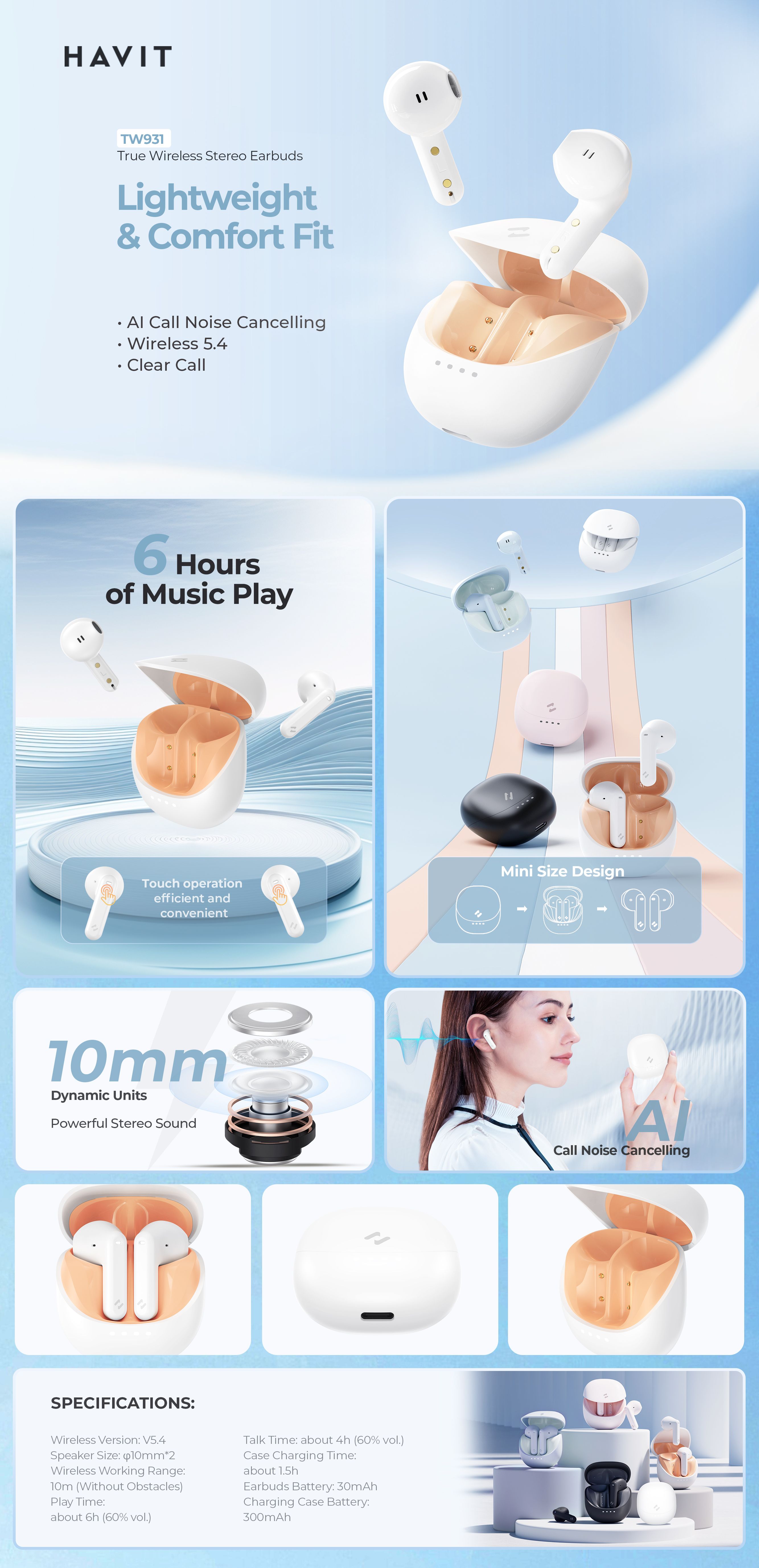 Havit TW931 Wireless Earbuds with Bluetooth 5.4, Dual Mic Smart Noise Cancellation, Comfortable Design, 20