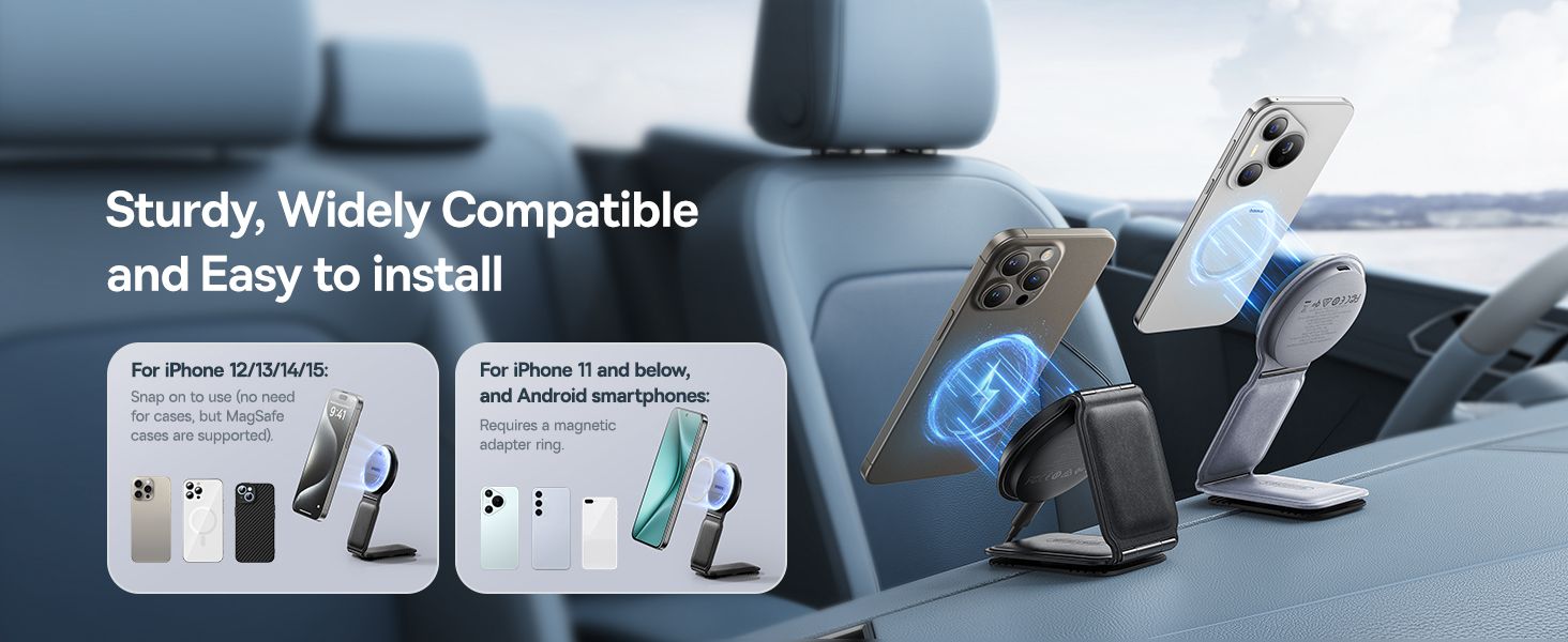 Baseus C02 PrimeTrip Series Mega Magnetic Wireless Charging Car Phone Holder with 15W Qi2 MagSafe – 360° Adjustable, Foldable Dashboard Mount – Black​