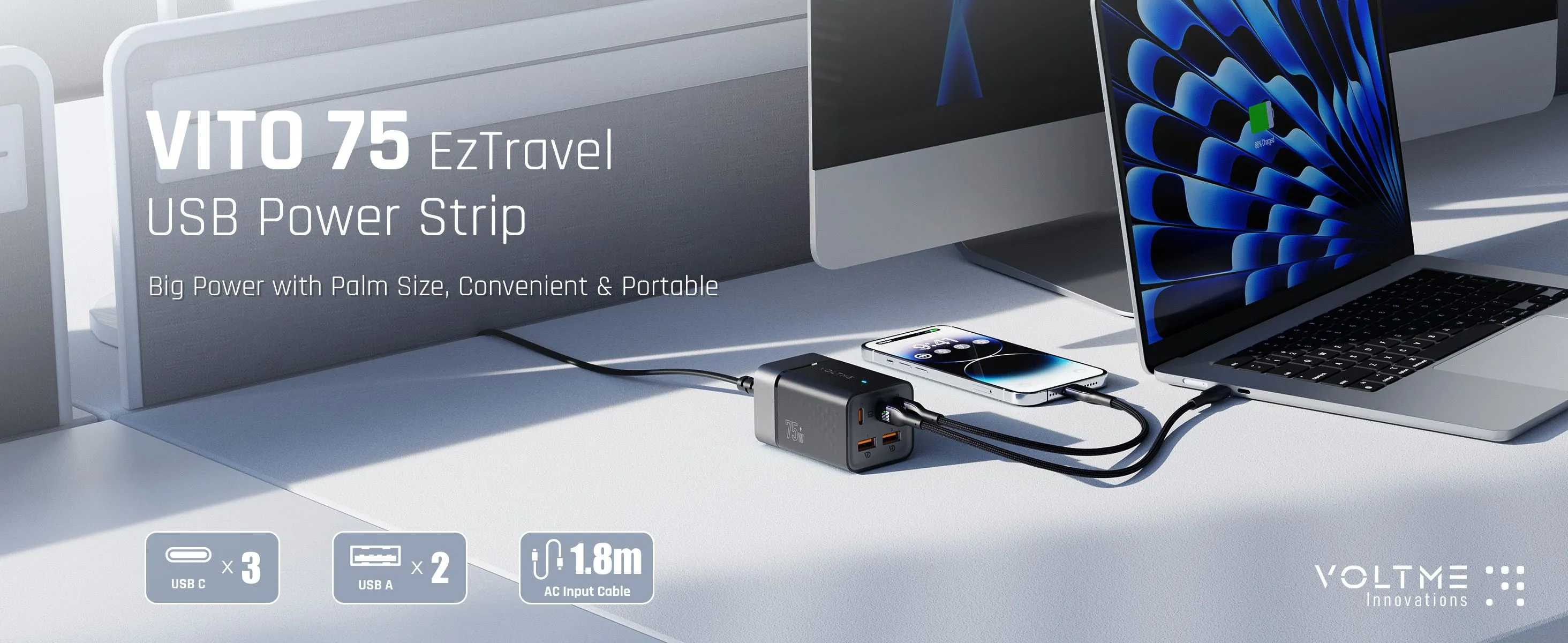 Voltme VITO Go 75W EzTravel 5 in 1 Desktop Charger, 1.8M Power Cable with UK Plug