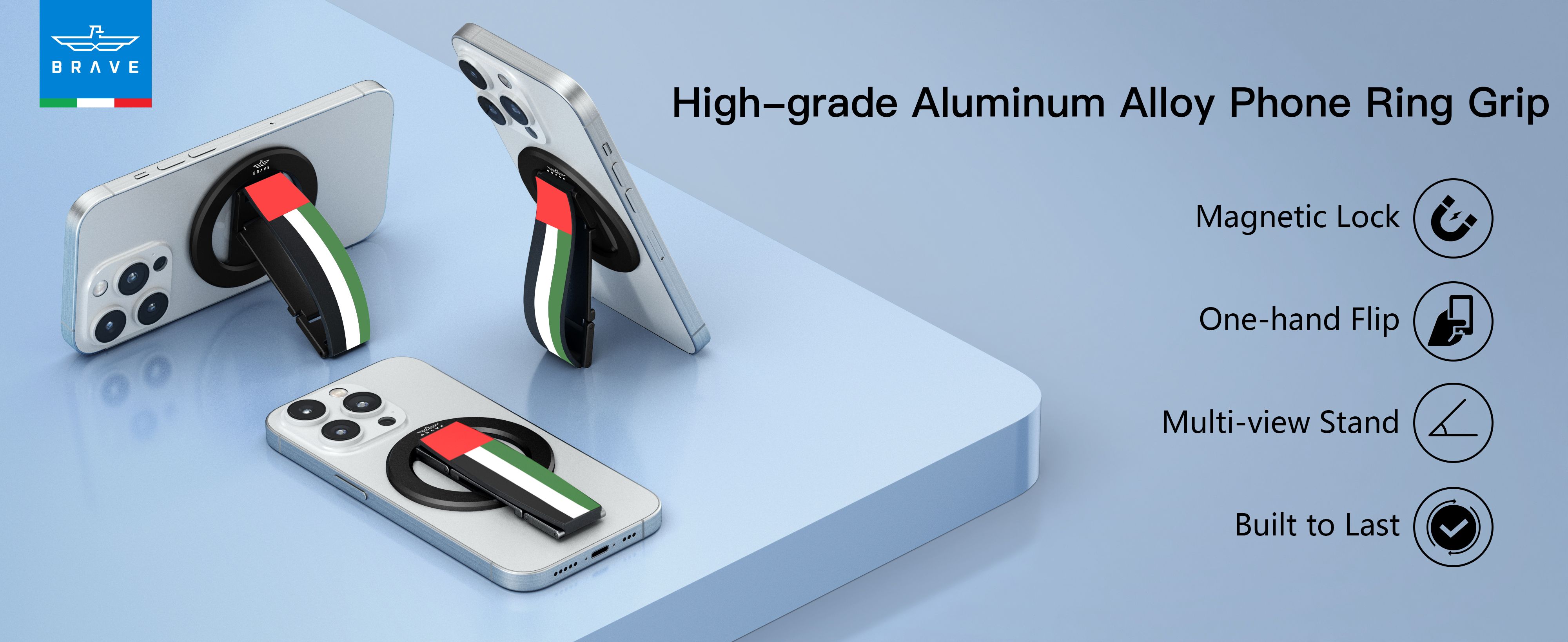 BRAVE UAE Flag MagSafe Phone Grip – 360° Rotatable Kickstand, Magnetic Ring Holder, Compatible with iPhone 12–15 Series