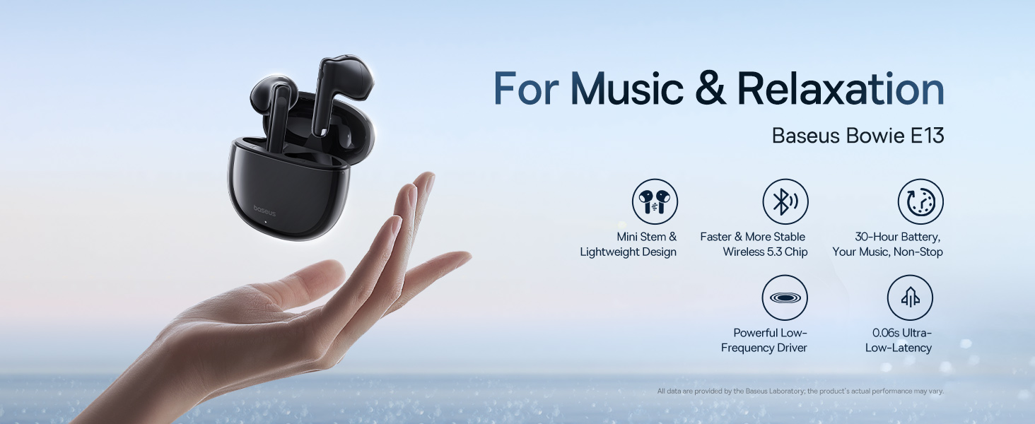 Baseus Bowie E13 TWS Earbuds with Bluetooth 5.3, Up to 30 Hours Playtime, 0.06s Low Latency, Fast Charge Wireless Earbuds and App Control Black