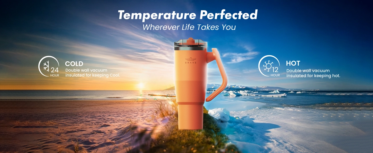 Brave Temp Guard Vacuum Insulated Travel Mug – 180° Rotating Handle, 24H Cold &amp; 12H Hot Retention, Leak